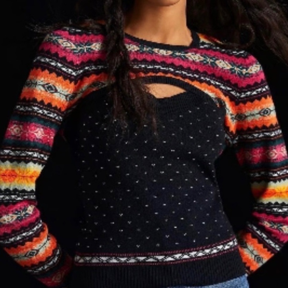 NWT Anthropologie Maeve Abstract Colorful Shrug Sweater FairIsle Sz L